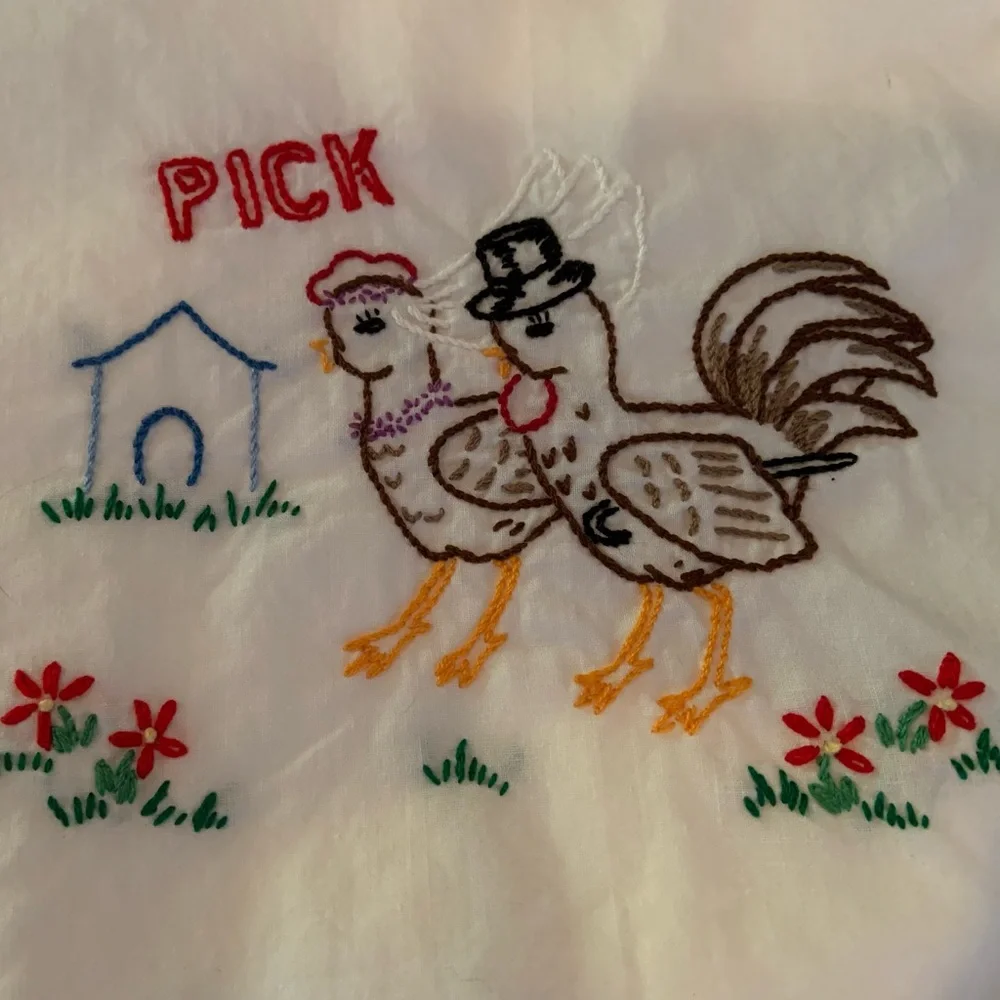 Vintage Hand Embroidered Chicken Design Flour Sack Kitchen Towels Set Of 5